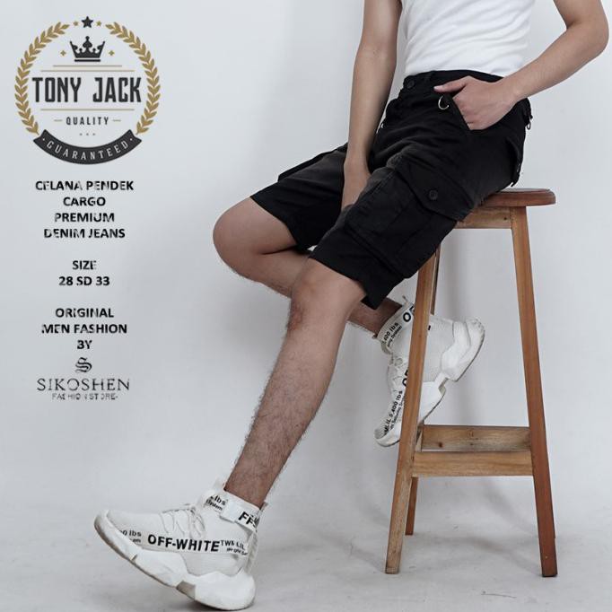 Celana Pendek Cargo Jeans Pria Distro Original Tony Jack Celana Pendek - Hitam Wash, 28