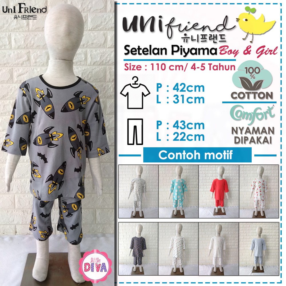 PIYAMA ANAK UNIFRIEND KOREA A-CC setelan anak motif lucu kaos katun lengan / celana 3/4 uni friend