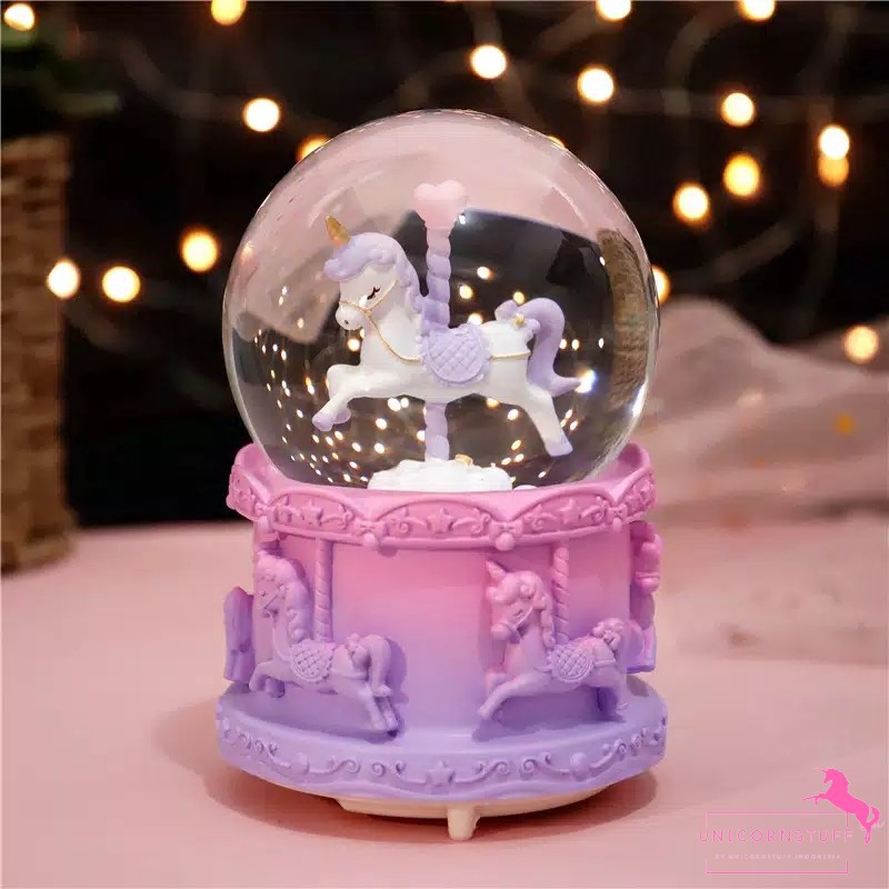 Snowball Unicorn Kotak Musik Lampu Kamar Anak Warm White Kado Anak Music Box Mainan Music Snow ball