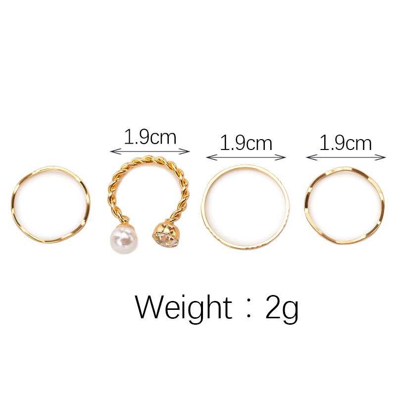 4Pcs / Set Cincin Fashion Terbuka Aksen Berlian Imitasi + Mutiara untuk Wanita