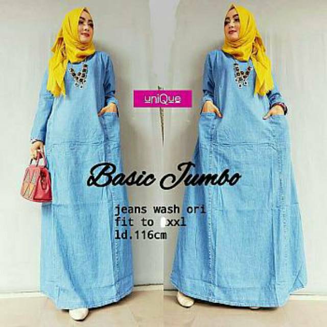 Basic Jumbo Maxy, GAMIS JEANS WANITA CANTIK MODIS POLOS FIT XXL LD 114 BAHAN JEANS WASH TERMURAH TERLARIS OOTD