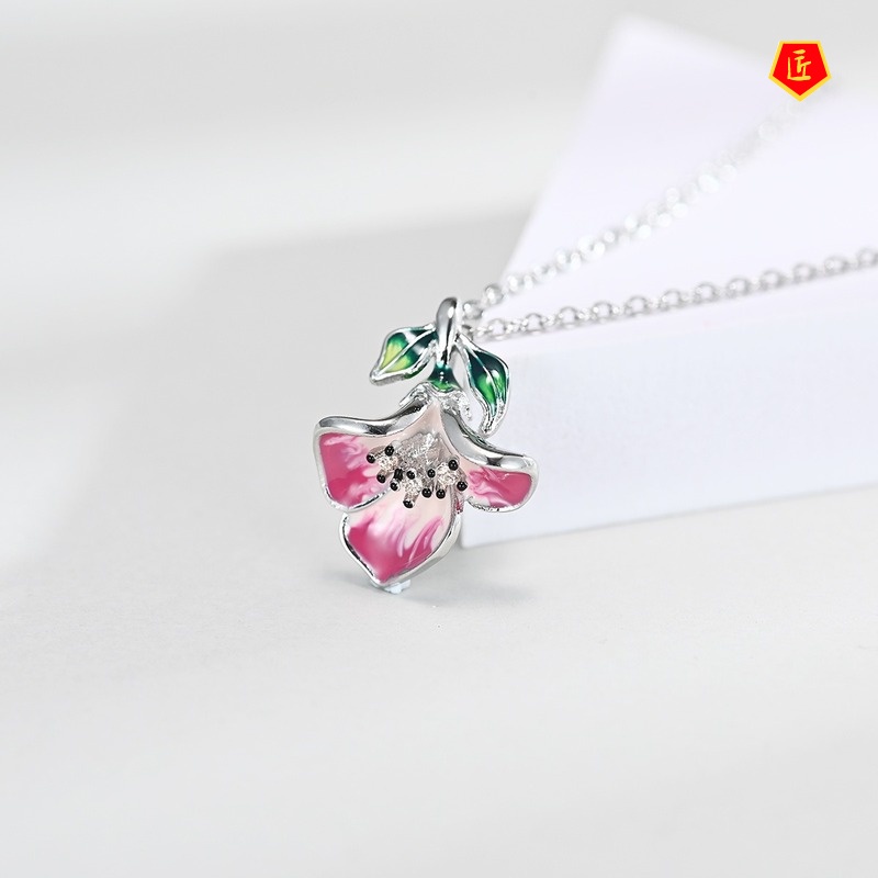 [Ready Stock]S925 Silver Enamel Ring Flower Pendant and Earrings Set