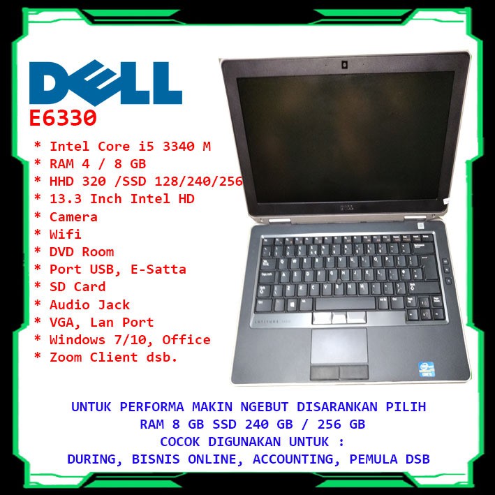 LAPTOP MURAH INTEL CORE i3 RAM 8GB SSD 256GB DELL LATITUDE E6330