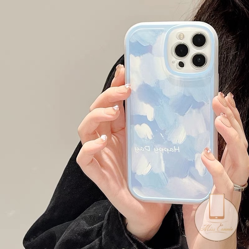 IPHONE Lukisan Tinta Sederhana Shockproof Case Kompatibel Untuk Iphone11 13 12 14 Pro MAX XR X XS MAX 8 7Plus 8Plus 6 6S Plus SE 2020biru Bulat Pelindung Lensa Anti Jatuh Lembut TPU Penutup Belakang