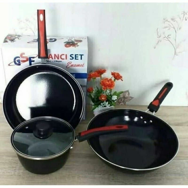 Set Panci enamel tutup kaca