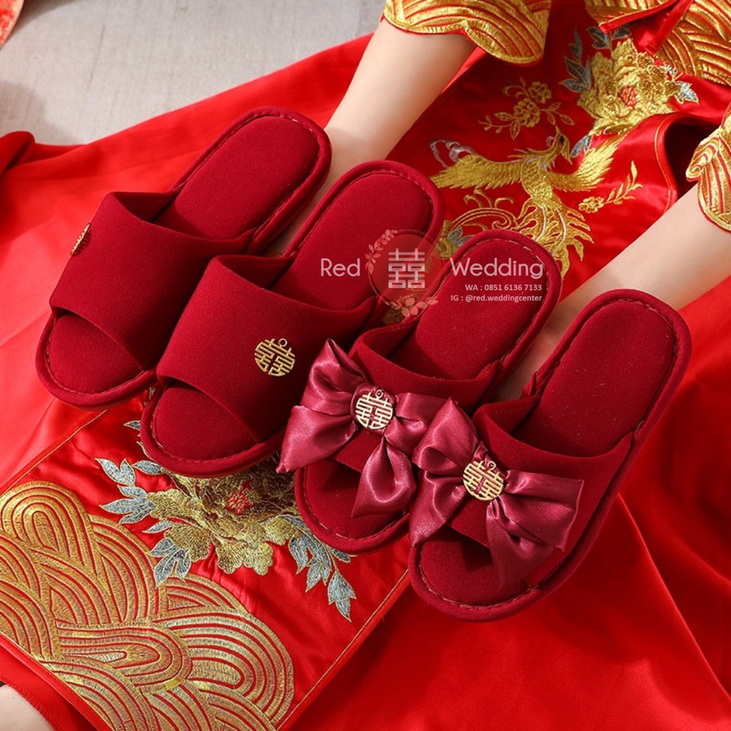Sandal Maroon Pengatin Groom/Bride Sepatu Wedding Bahan Kain Pita dengan Shuang Xi Sanghi Emas