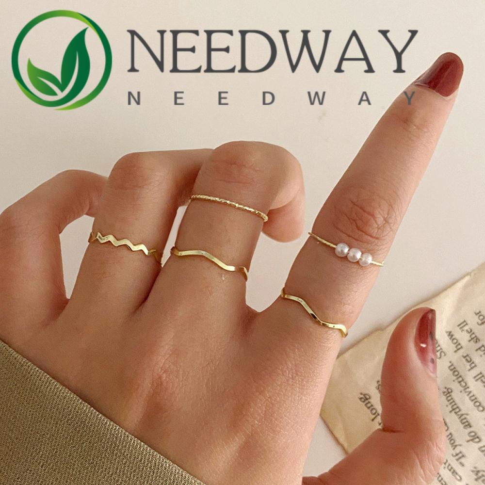 Needway  4Pcs/set Women Jewelry Simple Wedding Ring Rings Set Pearl 5Pcs/set Love Heart Tail Ring Geometric Ladies Wavy Open Ring