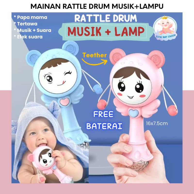 Mainan Rattle Drum Musik+Lampu Bersuara Lucu dengan teether