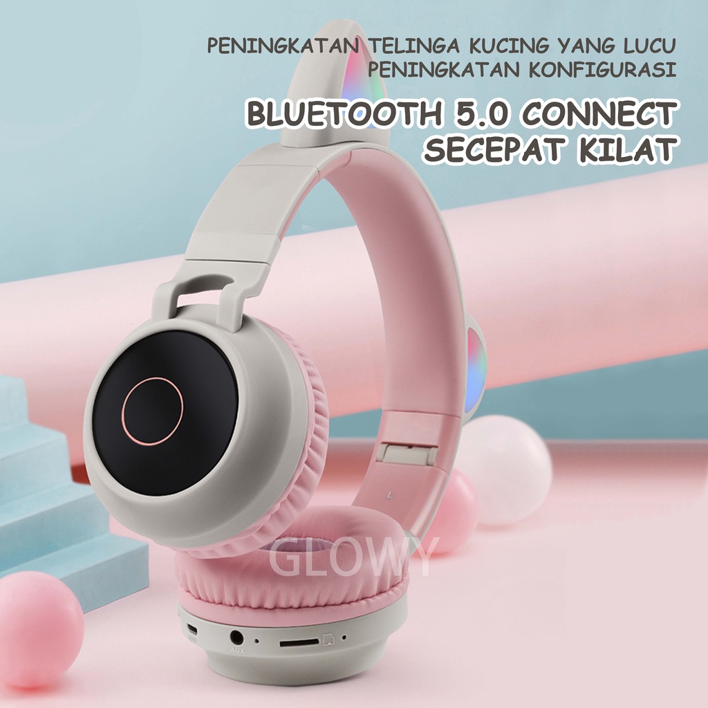 Telinga kucing motif baru headphone bluetooth 5.0 wireless lucu tren headset bluetooth warna pink headphone olahraga headset gaming super lama daya tahan baterai