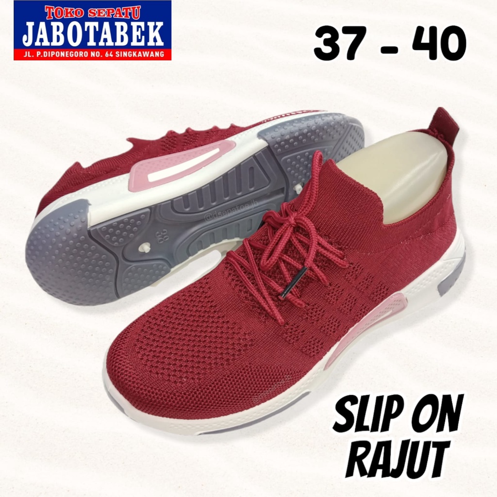 [COD] Sepatu casual cewek slip on rajut merah maroon polos simple size 37-40 SPIKE Sneakers slide wa