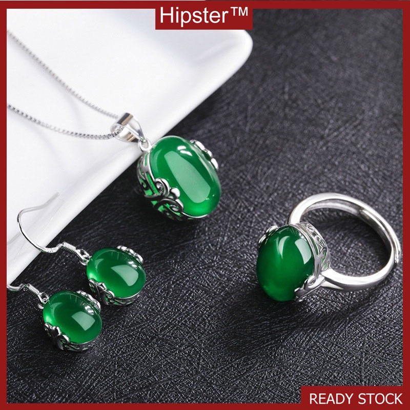 Set Retro Hot Sale Fashion Carved Colored Gems Rings Pendants Ear Hook Three-Piece Set