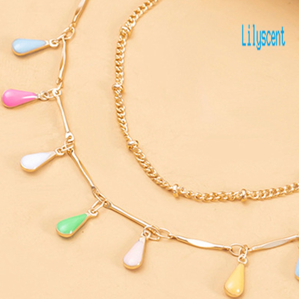 2pcs / Set Kalung Rantai Dengan Liontin Bentuk Tetesan Air Hollow Out Warna-Warni Untuk Wanita