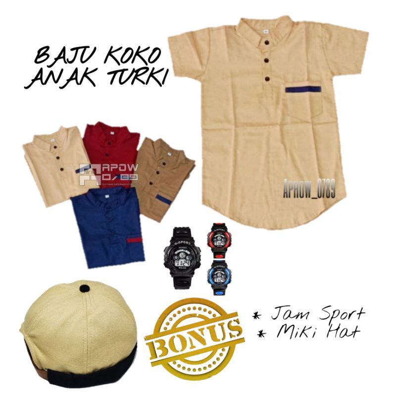 PAKET 3IN1 BAJU KOKO ANAK / FREE JAM TANGAN &amp; PECI ANAK / Pakaian Muslim anak