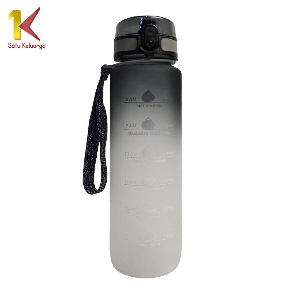 Satu Keluarga Botol Minum 1 Liter C407 Gradasi Tumbler Olahraga Sport Unik Botol Motivasi Thumbler Penanda Waktu BPA FREE-HITAM-PUTIH