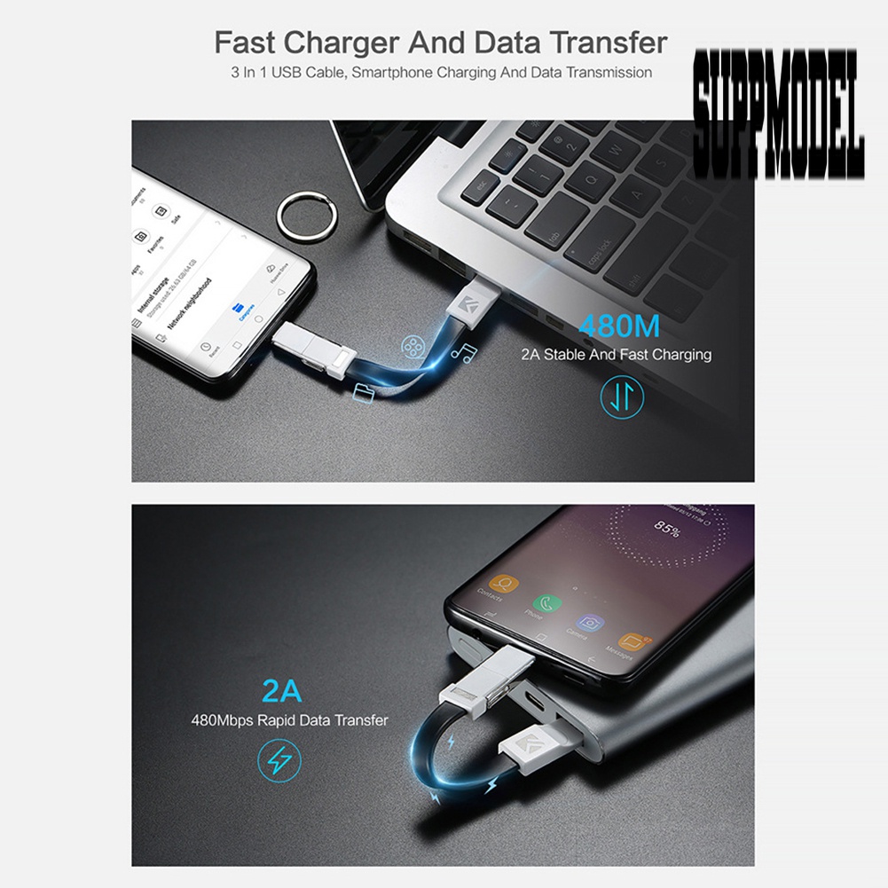 &lt; Suppmodel Floveme Gantungan Kunci 3 in 1 Kabel Data / Charger Micro USB / Tipe C 2A Untuk Android / iOS