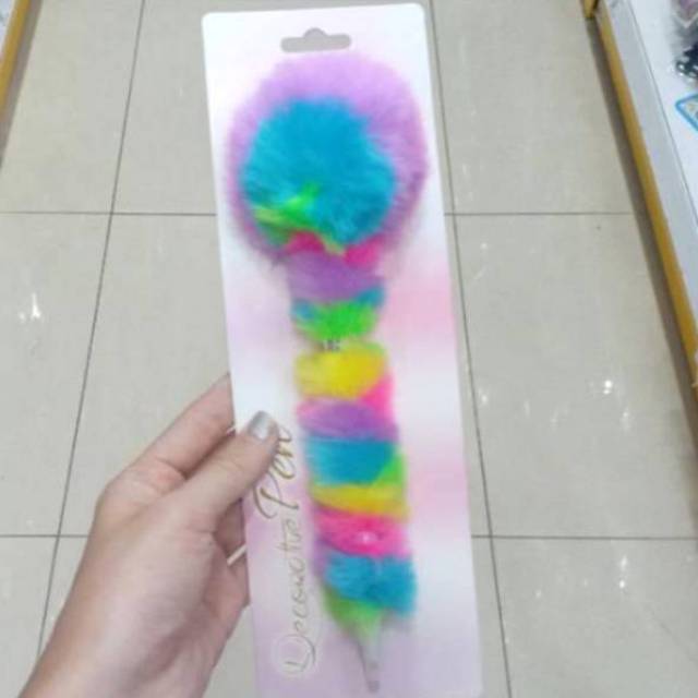 Pulpen Pena Bolpen Bulu Pom Pom Halus Rainbow Stationery Alat Tulis Sekolah Lucu