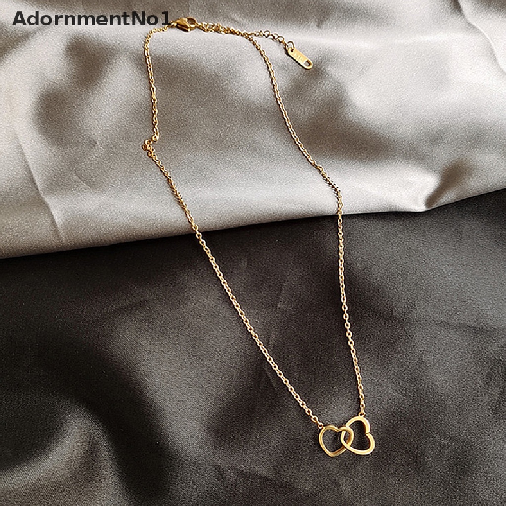 (AdornmentNo1) Kalung Rantai Dengan Liontin Hati Ganda Bahan Stainless Steel Untuk Wanita