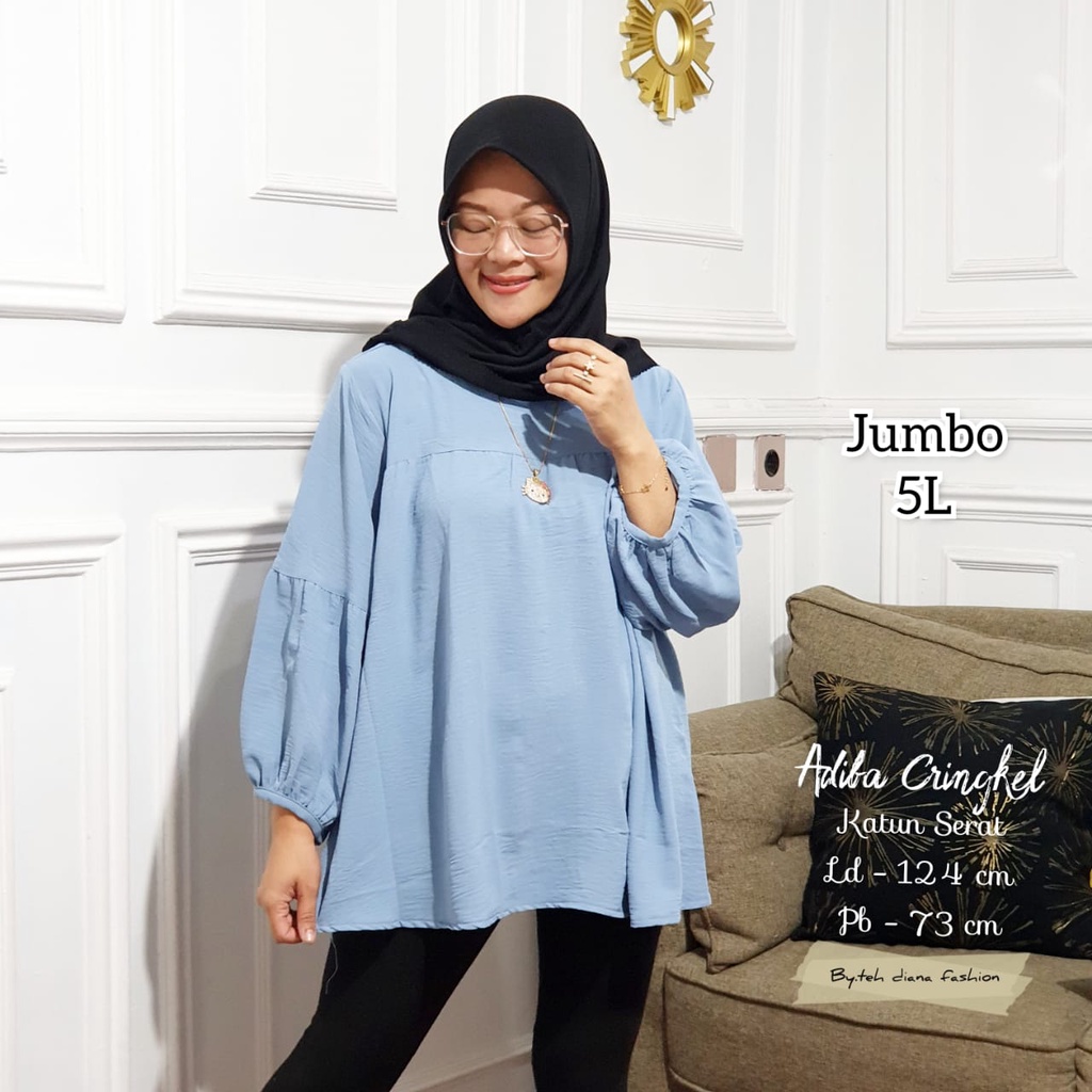 Atasan Wanita Jumbo / Baju Atasan Wanita Jumbo / Blouse Wanita Jumbo Model Adiba Crinkle Ld 124 Cm-Biru