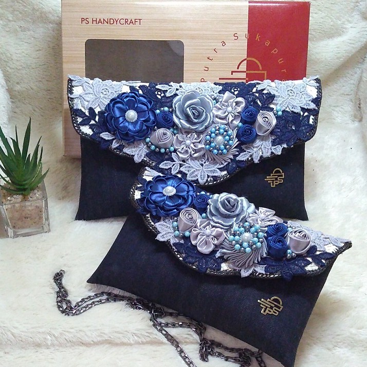 Putra Sukapura Dompet Jeans Kombin Brokat Clutch Party Cantik Tas Clutch Pesta Wanita