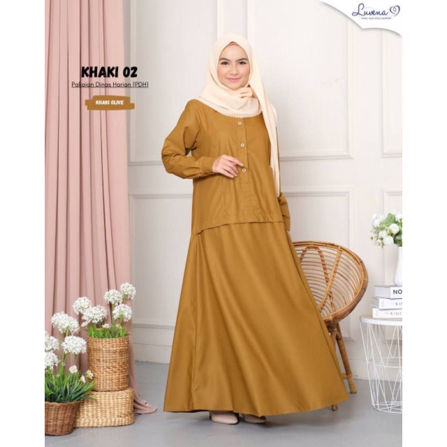 Pakaian Dinas Harian (PDH) by Luvena - Gamis Kerja Bahan Katun Toyobo Warna Khaki Olive Kode 02