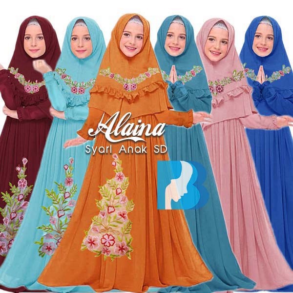 ALAINA GAMIS ANAK SD GRATIS HIJAB FULL LINEN BORDIR CANTIK ELECTRIK DUSTY MAROON TOSCA BIRU KUBUS