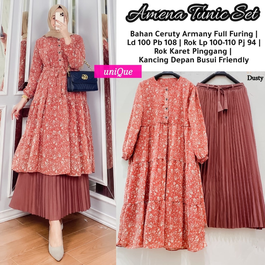 AMENA TUNIC SET LD 100CM PJ 108 BAHAN CERUTY ARMANY FULL FURING KANCING DEPAN BUSUI FRIENDLY | ROK L