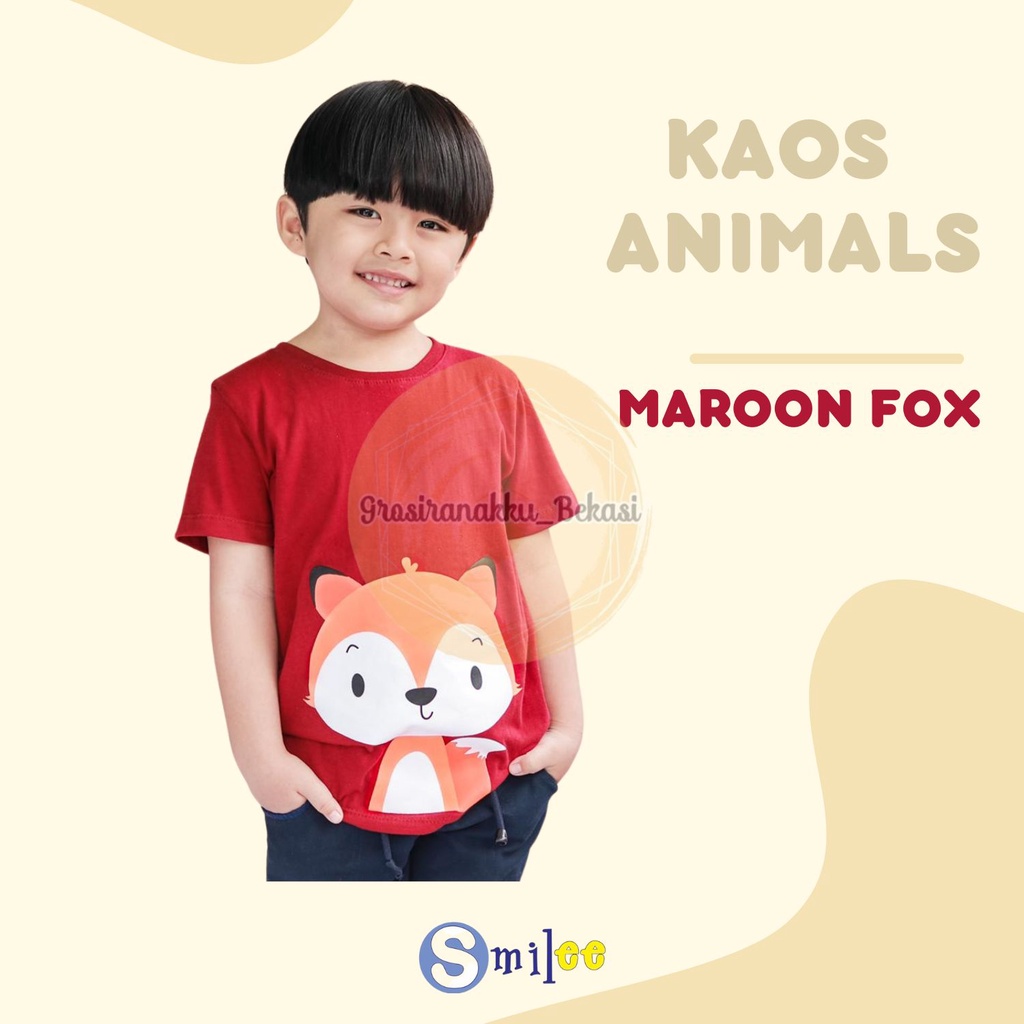 Kaos Anak Cowok Smilee Murah Animal Maroon Fox Size 1-5Thn