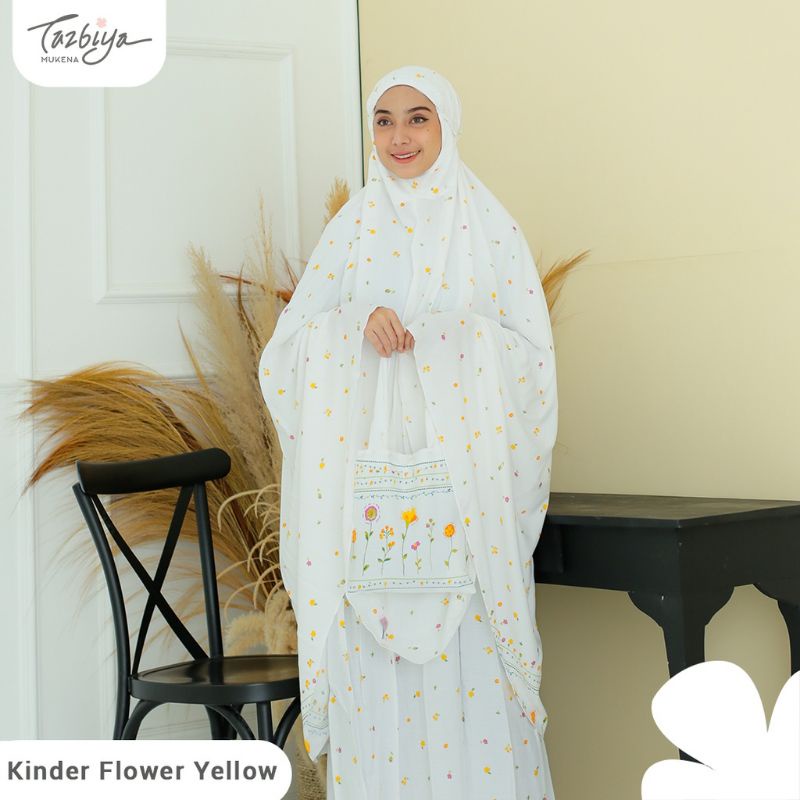 Mukena Tazbiya Kinder Flower Pink/Yellow Jumbo Dewasa Katun Rayon Adem Motif Cantik Treveling