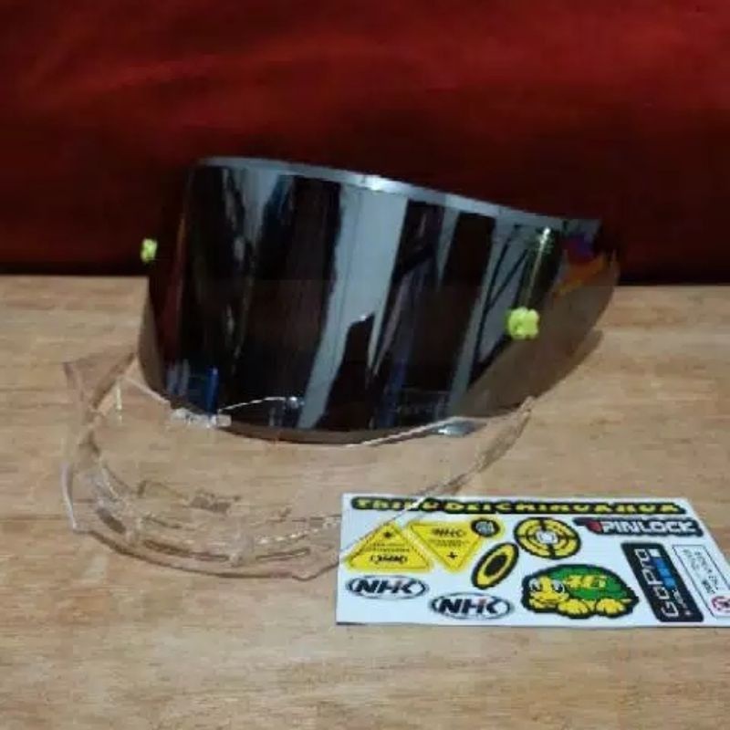 Paket flat visor NHK gp1000 iridium blue + stiker visor  + spoiler iridium gold silver husus NHK gp1000 + stiker + spoiler nhk gp 1000