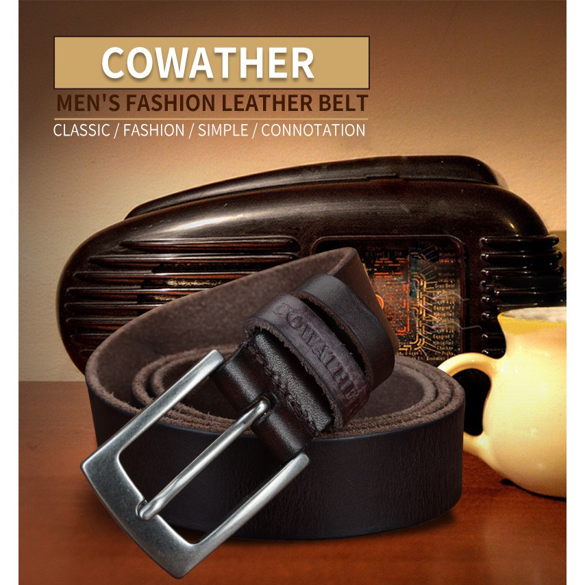 COWATHER Gesper Ikat Pinggang Sabuk Pria, Kulit Sapi Top Penuh Pria Cow Leather Belts For Men XF018