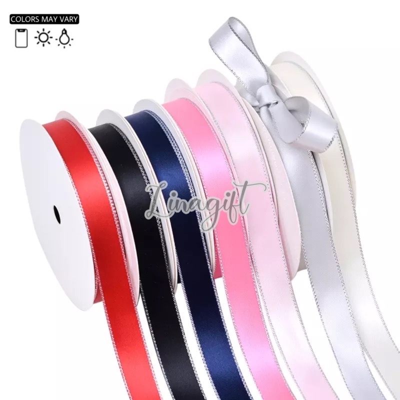 ( Rol 20 Yard ) PITA SATIN LIST PERAK 1/2IN / PITA KADO SATEN LIS 0,5 INCH / SATEEN SILK RIBBON SILVER EDGE 1,2CM
