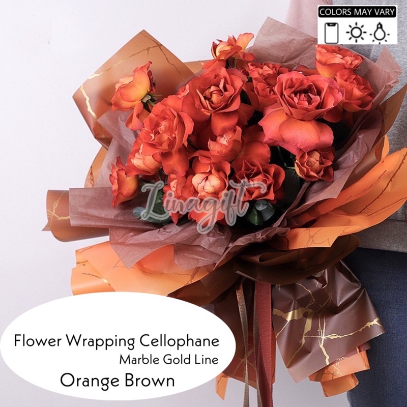 ( 5 Lembar ) MARBLE GOLD LINE - FLOWER WRAPPING PAPER KOREAN PLASTIC CELLOPHANE WATERPROOF -  KERTAS BUNGA BUKET FLORIST LIS EMAS ABSTRACT