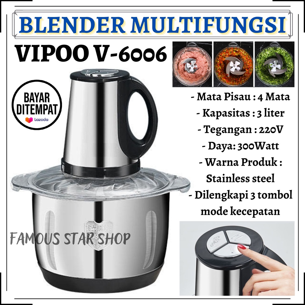 Blender Daging VIPOO V-6006 300W 3Liter Food Chopper Meat Grinder Alat Penggiling Daging Bumbu Sayur | FMS