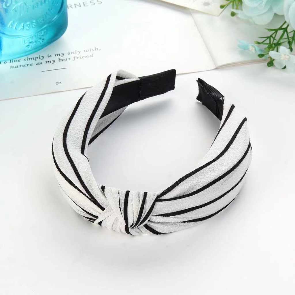 Headband Bando Korea Style Bandana Polos Bando Kain Motif Garis-Garis Bando Simpul Import