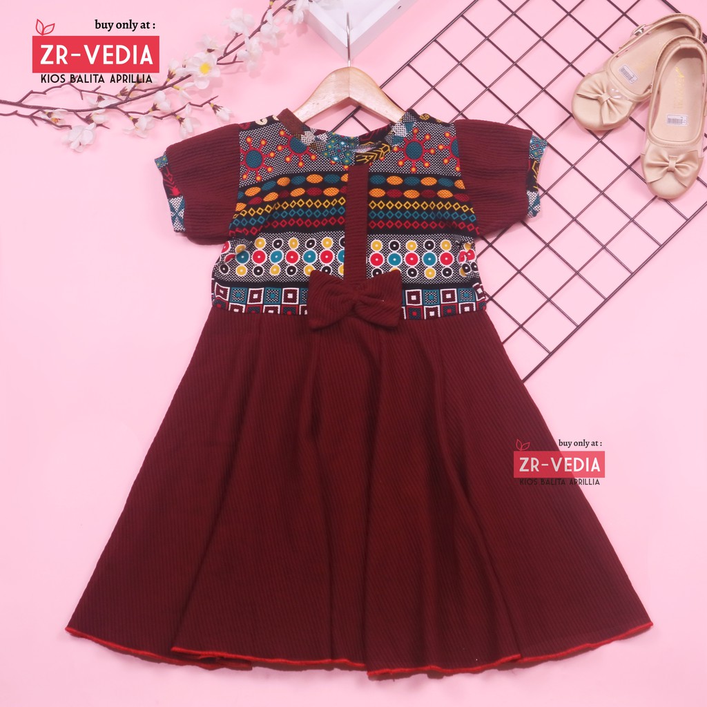 Dress Anak Jasmine uk 5-6 Tahun / Dres Anak Perempuan Lengan Murah Gaun Pesta Pita Motif Polos Adem