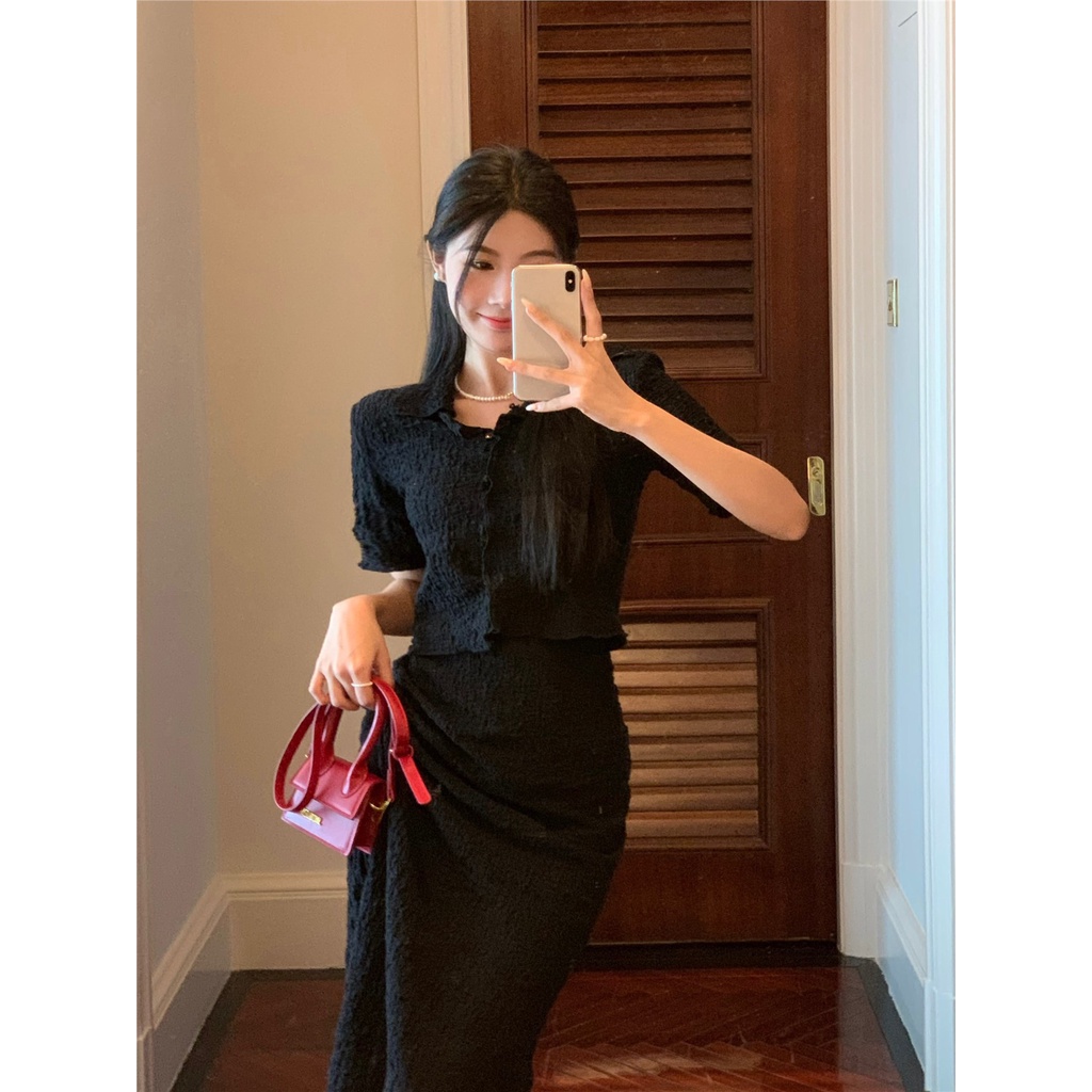 Versi Korea Retro Fashion Temperamen Suit Wanita Musim Panas 2022 Baru Lengan Pendek T-shirt Tas Hip