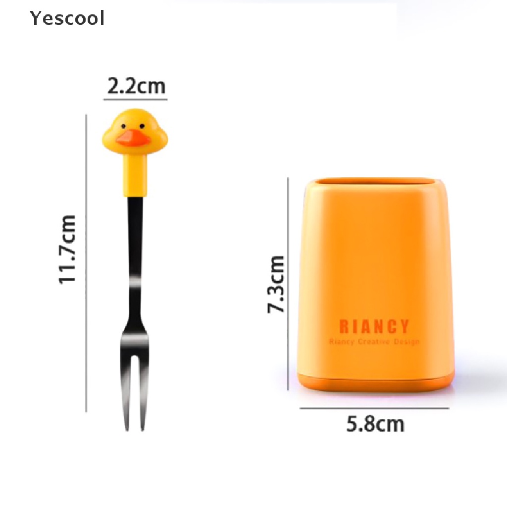 Yescool 6Pcs / Set Garpu Buah / Dessert Bahan Stainless Steel Desain Kartun Lucu Dengan Holder