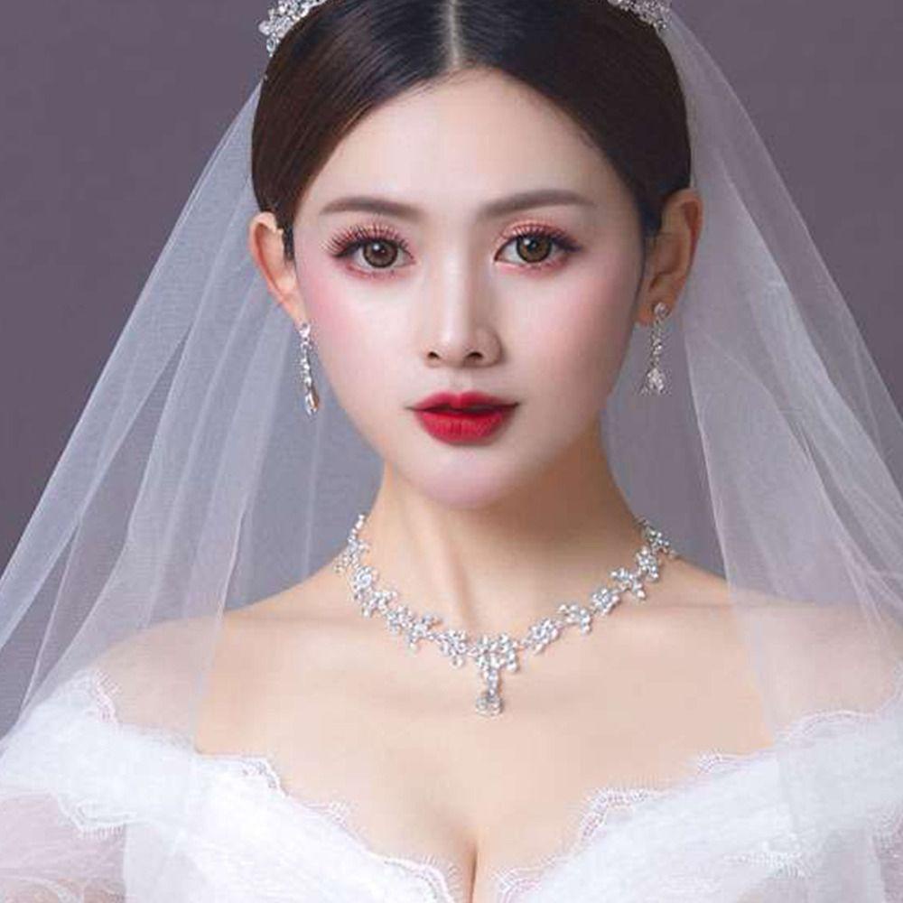 Needway   Set Perhiasan Pernikahan Pengantin Bergaya Shiny Hook Earrings Berlian Imitasi Disepuh Alloy Mahkota Kristal