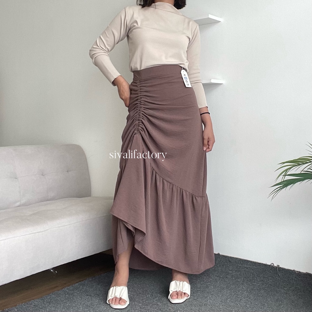 SIVALI Abigail Skirt - Rok Serut Casual Flowy - Rok Wanita Korean Look - Midi Maxi Ruched Skirt