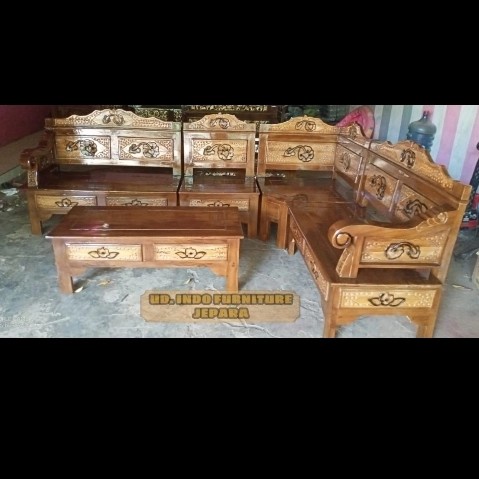 mebel meja kursi ruangan tamu L pojok/ sudut bahan kayu jati