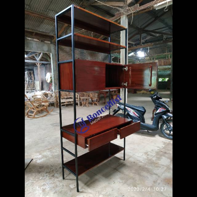 Rak buku combinasi meja belajar industrial kayu jati mebel jepara