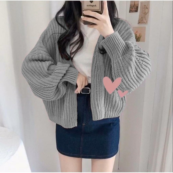 JAKET WANITA MYREDO - Cardigan Wanita Helvie Rajut - Grey PARASUT KOREA OVERSIZE TERLARIS CROP KEKIN