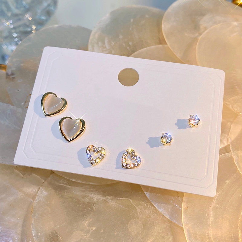 3pasang set Anting love Berlian glitter lady sweet Lucu korea