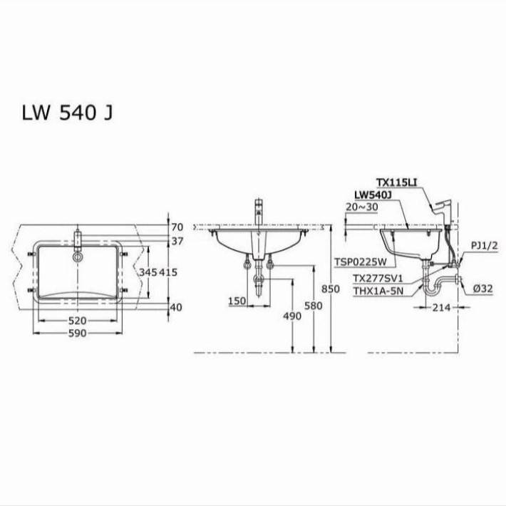 Wastafel Toto LW 540 J White (Body Only) Model Tanam