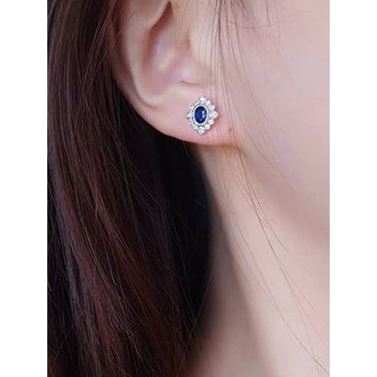 Anting Stud Cubic Zirconia Bentuk Oval Warna Putih Biru Lapis Silver Untuk Wanita