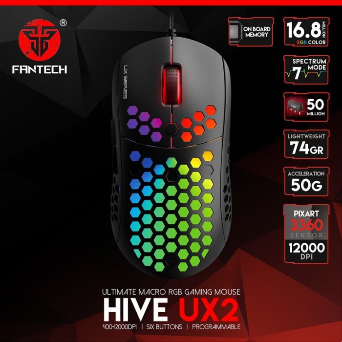 Fantech Hive UX2 - Mouse Gaming RGB Hitam dengan DPI 12000