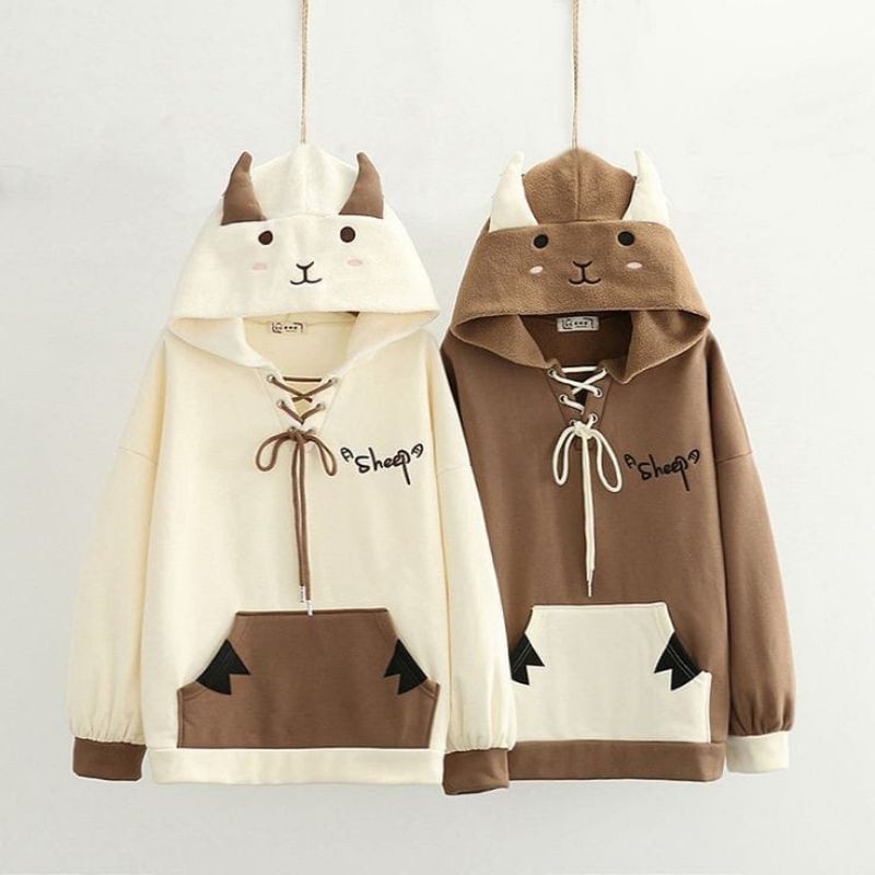 SHEEP SWEATER HOODIE WANITA OVERSIZE FLEECE TEBAL - SWEATER KOREAN STYLE
