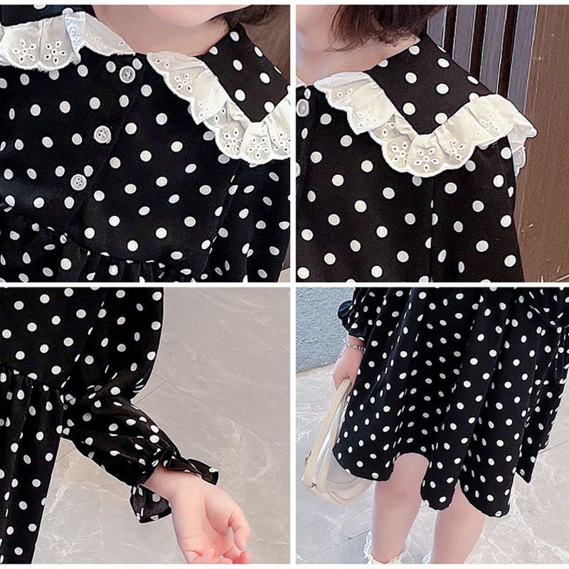 FILOBEE DRESS ANAK PEREMPUAN/DRESS POLKADOT HITAM/MODEL KERAH BULAT TEMPEL RENDA