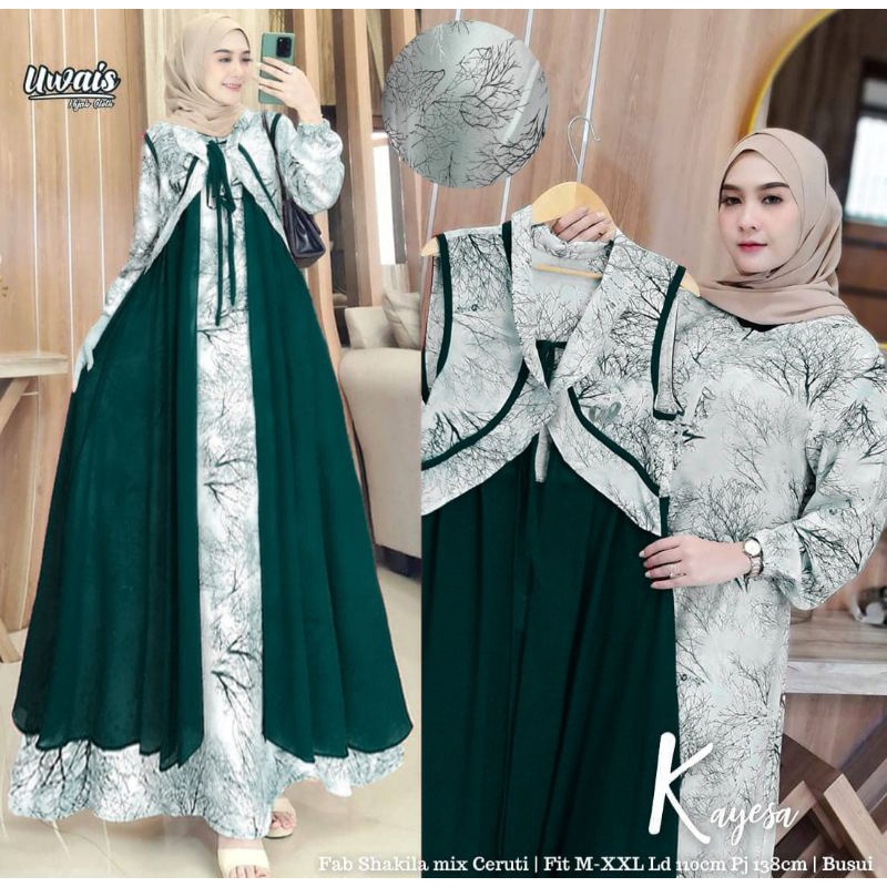 Baju Gamis Wanita Muslim Kayesa Maxy Dress Fashion Busana Perempuan Dewasa Remaja Cewek Ibu Modern Terbaru Pakaian Muslimah Pesta Kondangan Modis Simple Nyaman Kekinian Shakila Ceruty Busui Best Seller Good Quality Bisa COD-Green