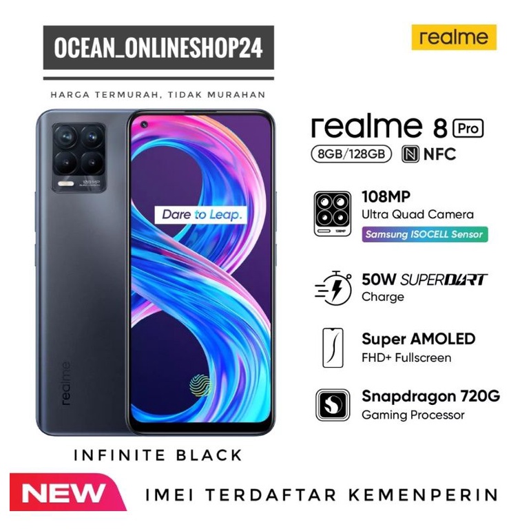 PROMO REALME 8 PRO RAM 8GB 128GB NFC - BLACK - 108MP - 6.4" AMOLED - SDD 720G - RESMI